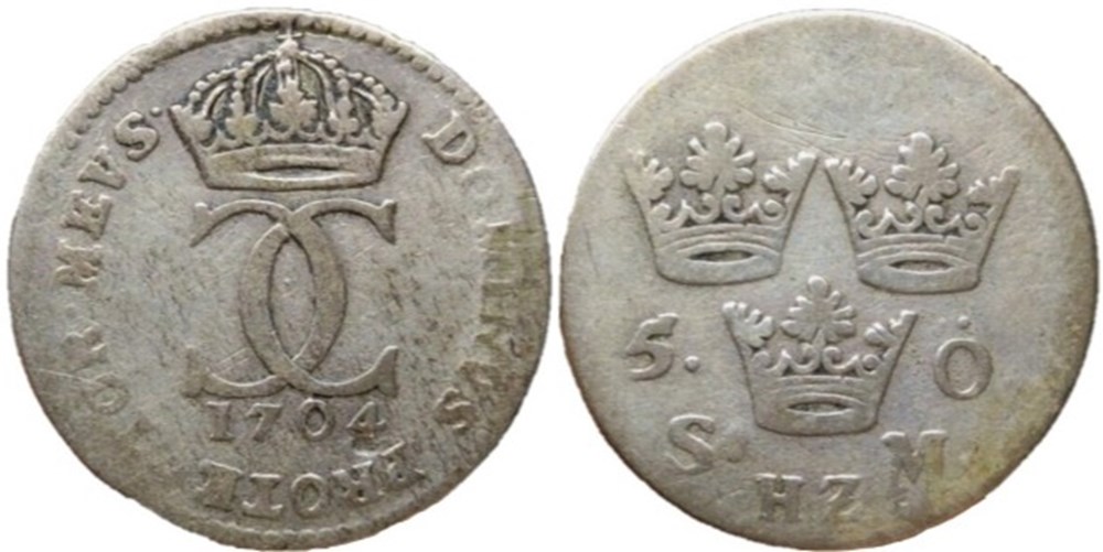Sweden, Karl XII - 5 Öre 1704 monnaies europe medievale royaume suede sweden karl xii 5 ore 1704