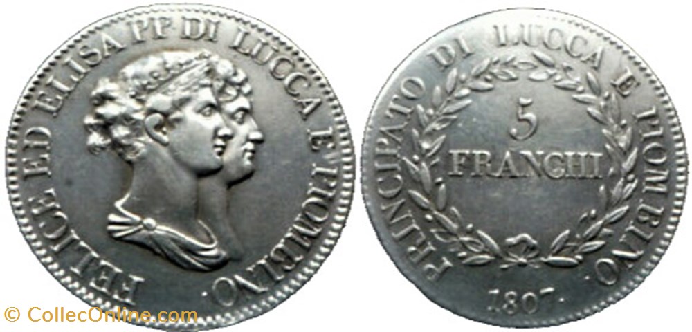 1807 Principauté de Lucca & Piombino, 5 Franchi - Felix & Elisa Napoleon monnaies monde italie 1807 principaute de lucca piombino 5 franchi felix elisa napoleon