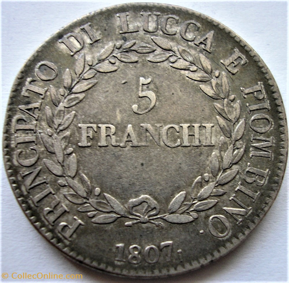 1807 Principauté de Lucca & Piombino, 5 Franchi - Felix & Elisa Napoleon 3 monnaies monde italie 1807 principaute de lucca piombino 5 franchi felix elisa napoleon