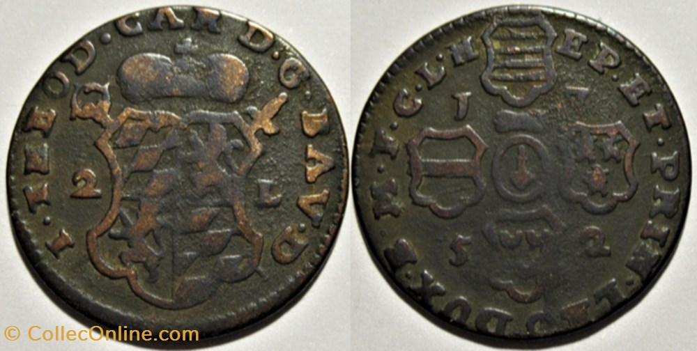 monnaies europe medievale saint empire romain germanique 1752 jean theodore de baviere 2 liards principaute de liege