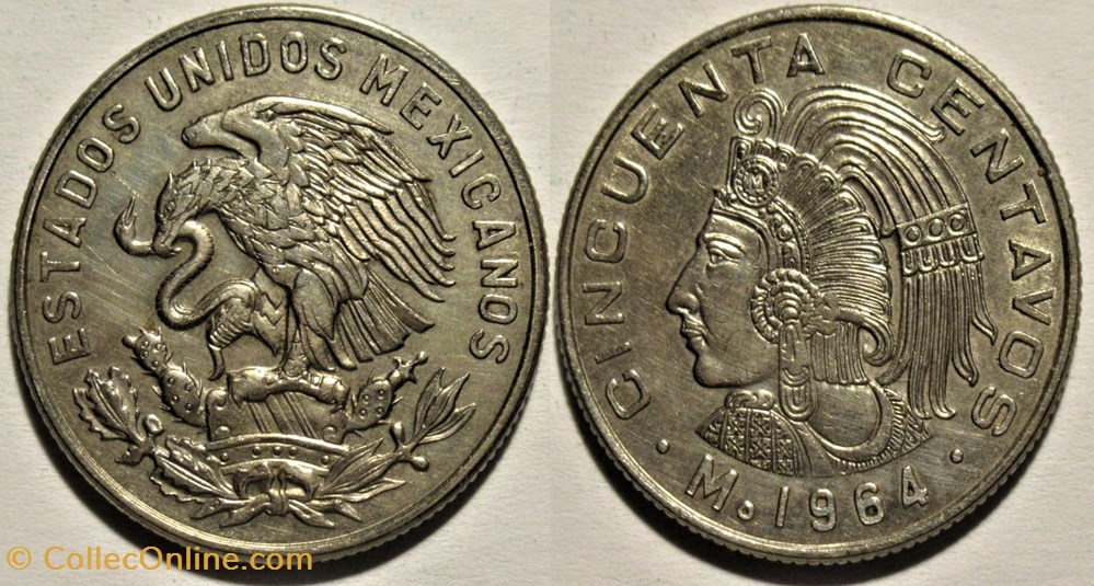 México 1964 - 50 Centavos, Cuauhtémoc - E.U Mexicanos monnaies monde mexique mexico 1964 50 centavos cuauhtemoc e u mexicanos