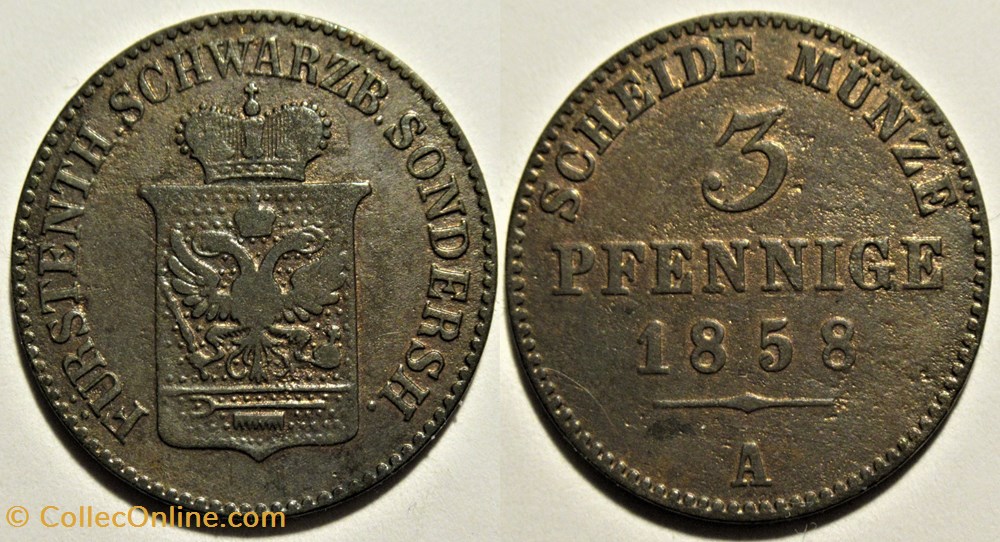 Principality of Schwarzburg-Sondershausen - 3 Pfennig 1858 monnaies monde allemagne principality of schwarzburg sondershausen 3 pfennig 1858