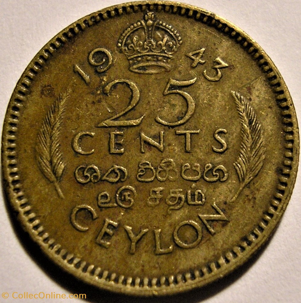 George VI - 25 Cents 1943 - Ceylon / Sri Lanka monnaie monde george vi 25 cents 1943 ceylon sri lanka
