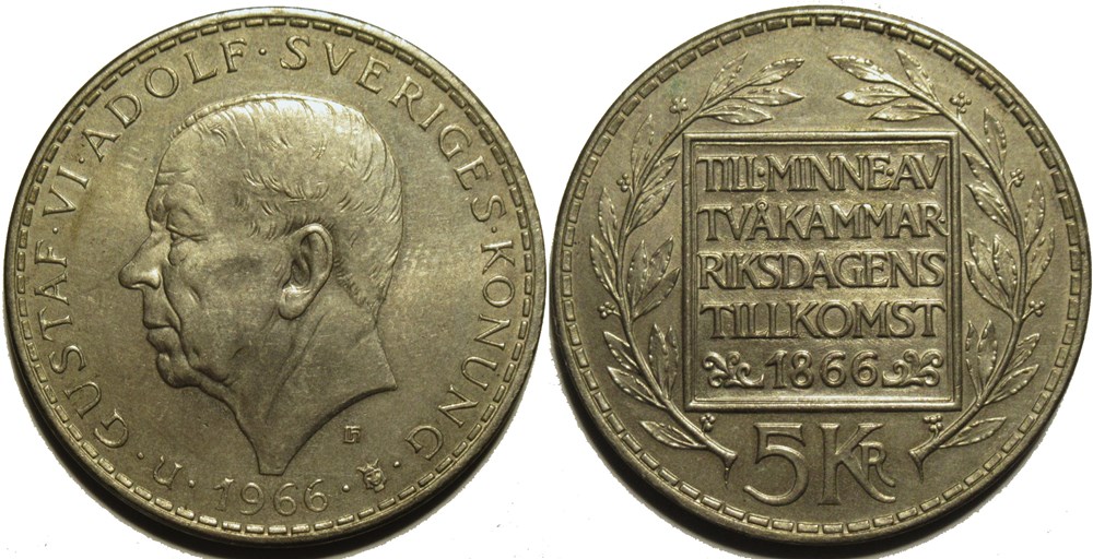 monnaies monde suede gustaf vi adolf of sweden 5 kronor 1966 100th bicameral constitutional reform