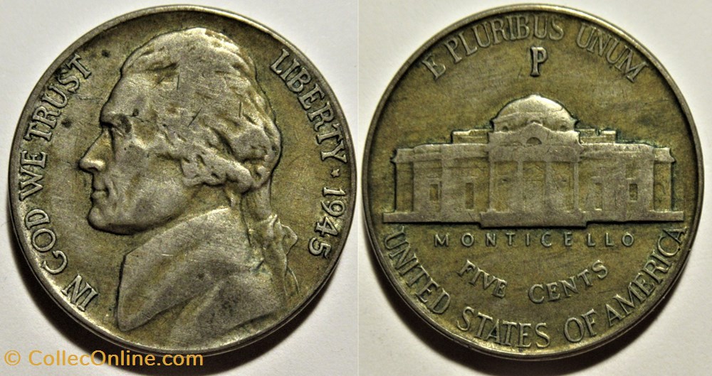 1945 Five Cents Phildelphia ("Jefferson Wartime Nickel", 1st Portrait) monnaies monde etats unis 1945 five cents phildelphia jefferson wartime nickel 1st portrait