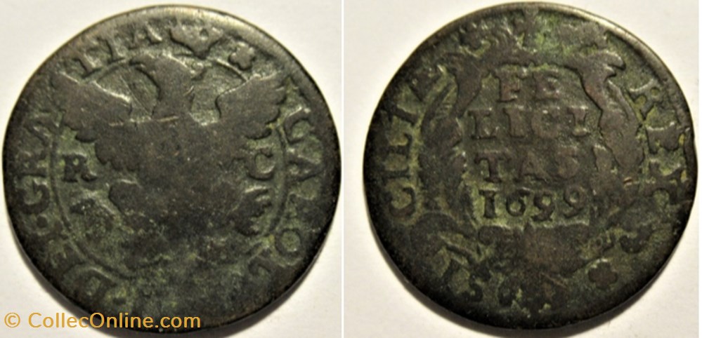 1699 Regno de Sicilia, 1 Grano - Carlo II di Spagna monnaies europe medievale royaume sicile 1699 regno de sicilia 1 grano carlo ii di spagna