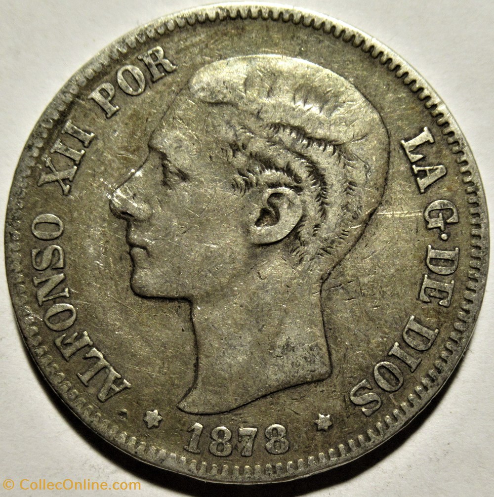 1878 - 5 Pesetas - Alfonso XII de España (ex.2) 2 monnaies monde espagne 1878 5 pesetas alfonso xii de espana ex 2