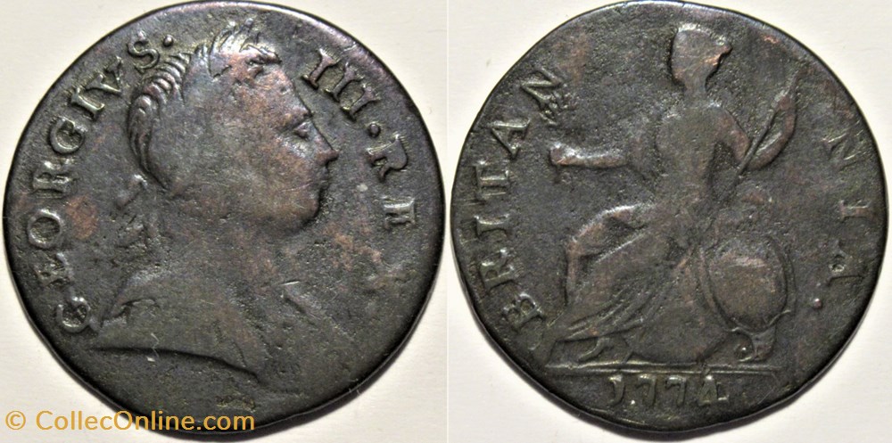 1774 Half Penny No Regal - George III of Great Britain (ex.6) monnaies monde royaume uni 1774 half penny no regal george iii of great britain ex 6