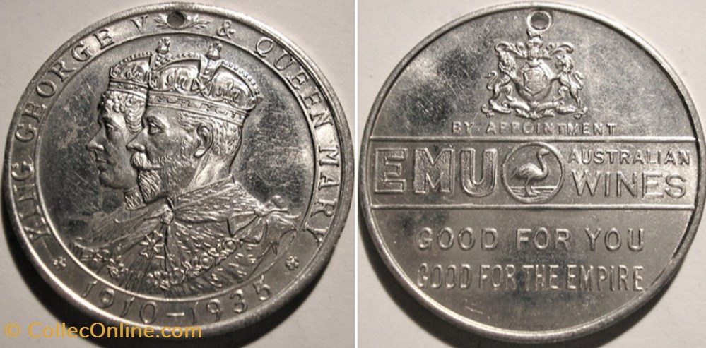 George V & Mary - 1935 Silver Jubilee Medal - Australian Wines Emu (ex.2) medaille royaume uni george v mary 1935 silver jubilee medal australian wines emu ex 2