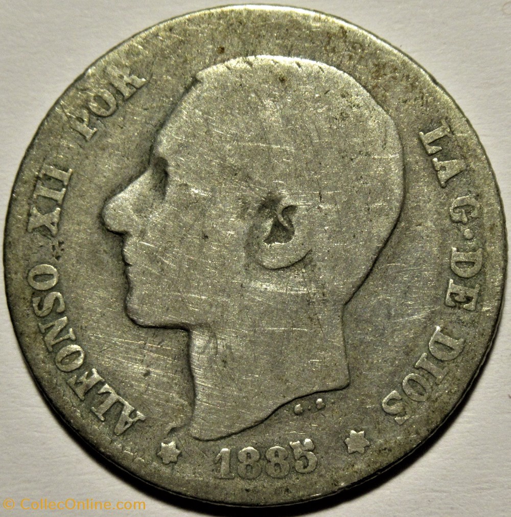 1885 - 1 Peseta - Alfonso XII de España 2 monnaies monde espagne 1885 1 peseta alfonso xii de espana