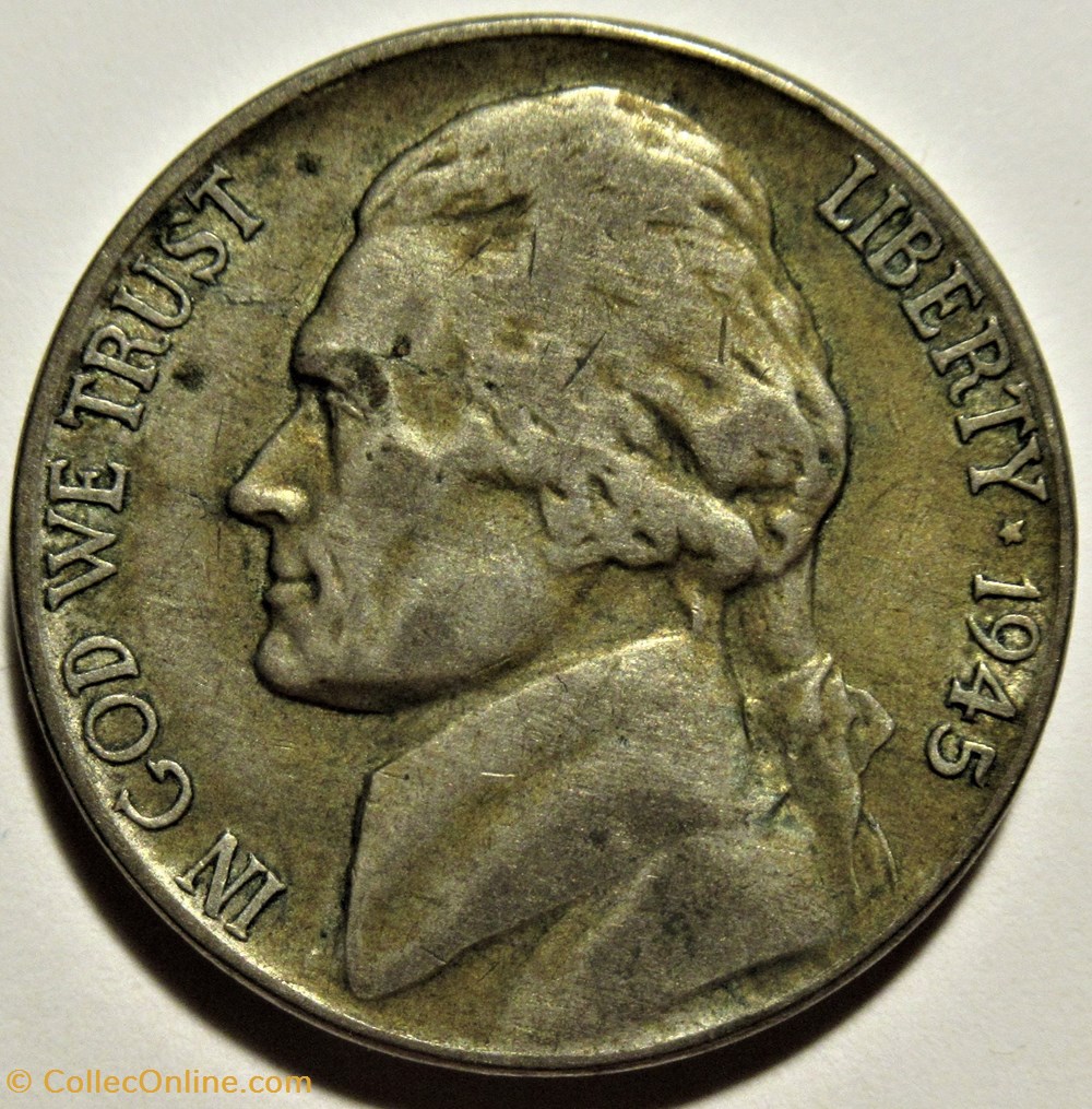 1945 Five Cents Phildelphia ("Jefferson Wartime Nickel", 1st Portrait) monnaies monde etats unis 1945 five cents phildelphia jefferson wartime nickel 1st portrait