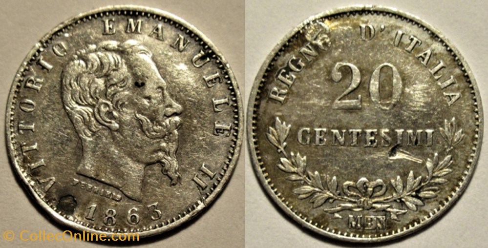 1863 Royaume d'Italie, 20 Centesimi, Milano - Vittorio Emanuele II (ex.2) monnaies monde 1863 royaume italie 20 centesimi milano vittorio emanuele ii ex 2