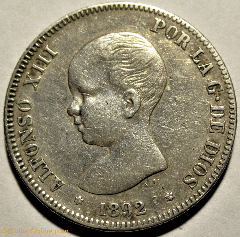 1892 - 2 Pesetas - Alfonso XIII de España 2 monnaies monde espagne 1892 2 pesetas alfonso xiii de espana