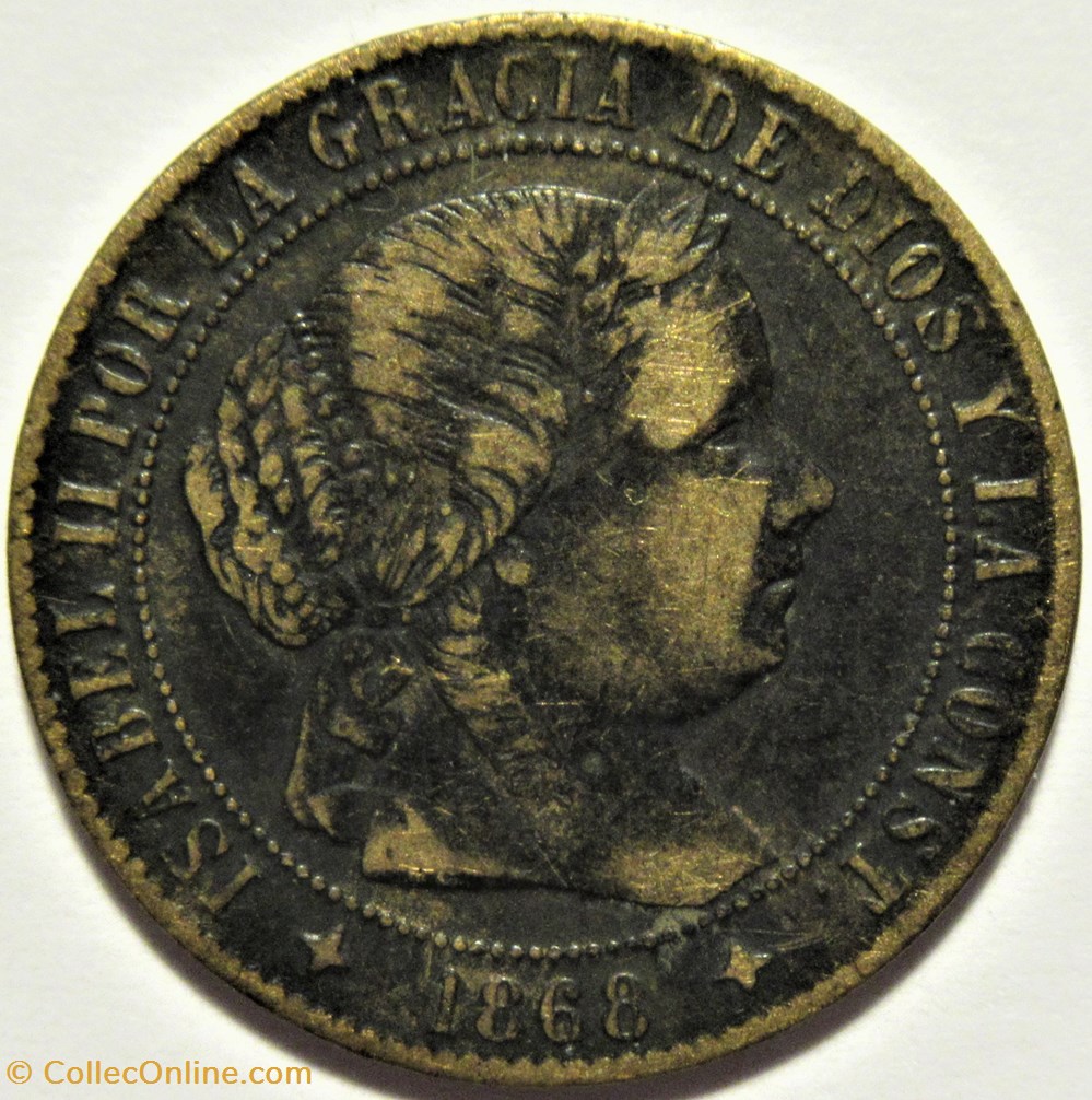 1868 Jubia - ½ Centimo - Isabel II España (ex.2) 2 monnaies monde espagne 1868 jubia centimo isabel ii espana ex 2