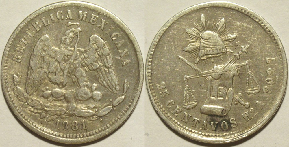 monnaies monde mexique mexico 25 centavos 1881 hermosillo