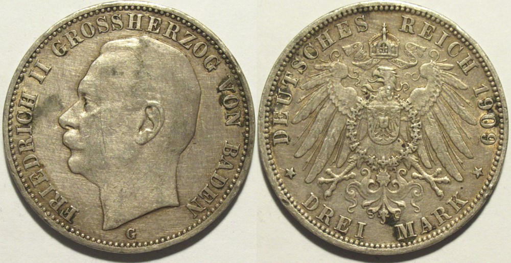 Friedrich II - 3 Mark 1909 - Grand Duchy of Baden monnaies monde allemagne friedrich ii 3 mark 1909 grand duchy of baden