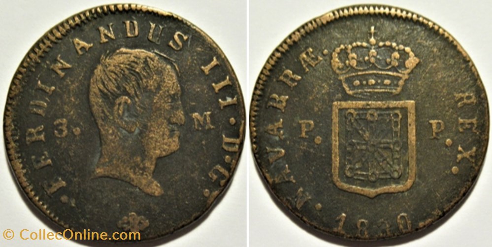 1830 Pamplona, 3 Maravedis - Fernando VII (III) de España monnaies monde espagne 1830 pamplona 3 maravedis fernando vii iii de espana