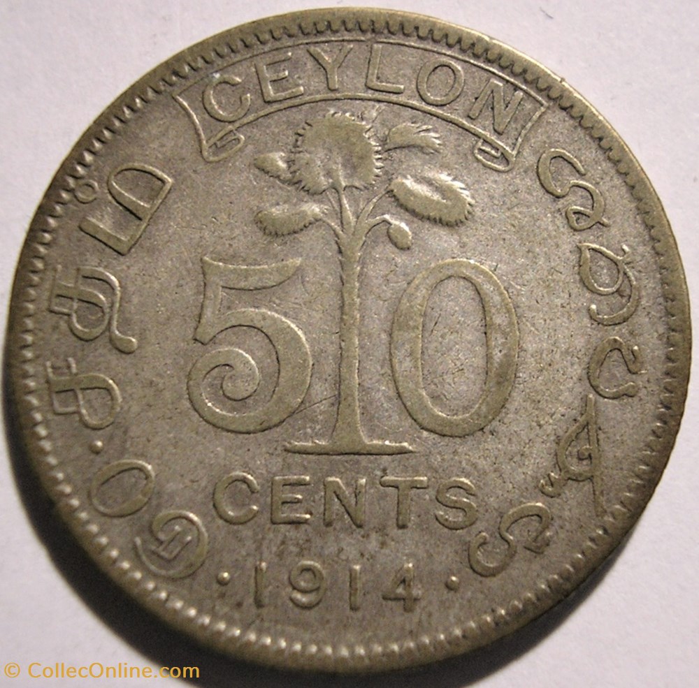 George V - 50 Cents 1914 - Ceylon, British Sri Lanka monnaie monde george v 50 cents 1914 ceylon british sri lanka
