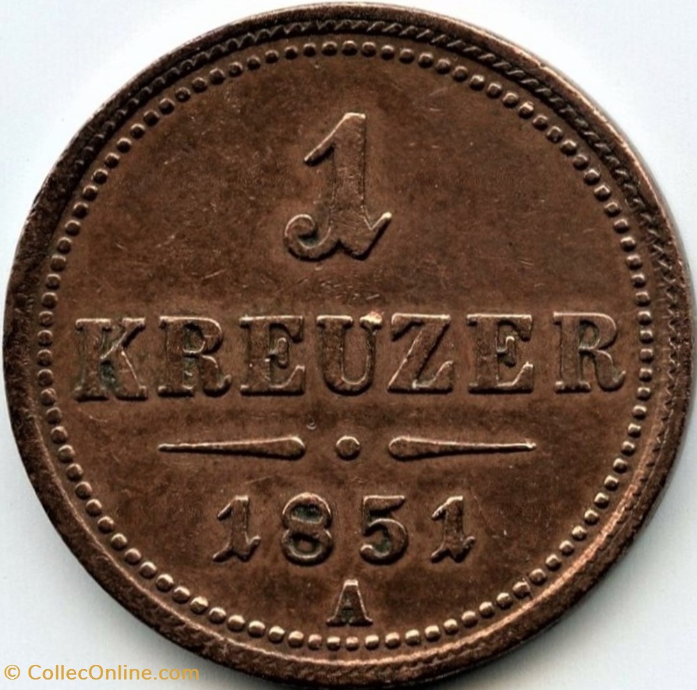 Franz Joseph I - 1 Kreuzer 1851 Vienna, Austrian Empire monnaies monde autriche franz joseph i 1 kreuzer 1851 vienna austrian empire