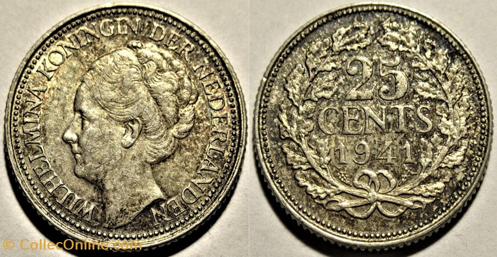 Wilhelmina of Netherlands - 25 Cents 1941 monnaies monde pays bas wilhelmina of netherlands 25 cents 1941