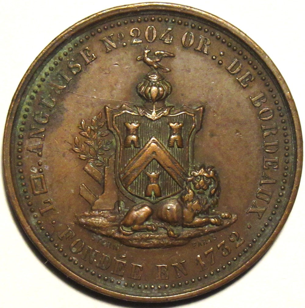 Orient de Bordeaux, Loge anglaise, Jeton par Stern à Paris ca.1860-79 monnaies paranumismatique jetons poids orient de bordeaux loge anglaise jeton par stern a paris ca 1860 79