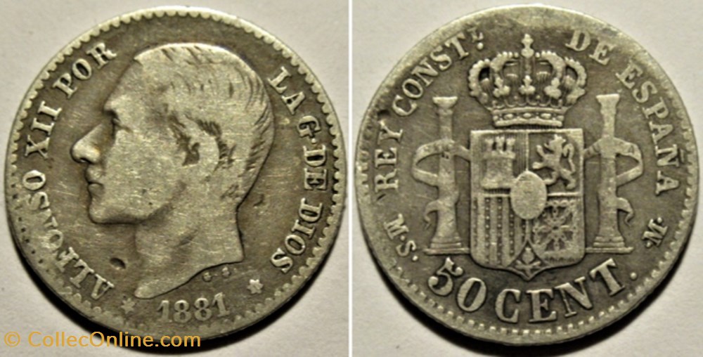 1881 - 50 Centimos - Alfonso XII de España (ex.2) monnaies monde espagne 1881 50 centimos alfonso xii de espana ex 2