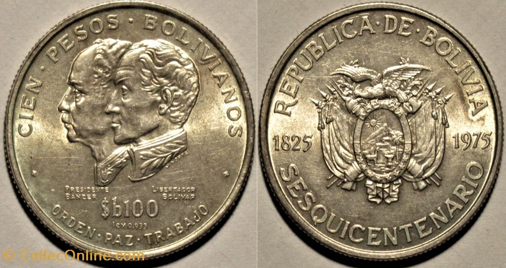 monnaies monde bolivie 1975 100 pesos bolivianos 150th anniversary of independence