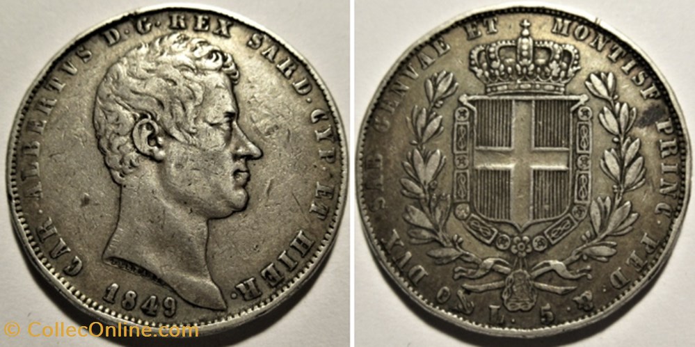 1849 Regno di Sardegna - 5 Lire, Genova - Carlo Alberto di Savoia monnaies monde italie 1849 regno di sardegna 5 lire genova carlo alberto di savoia