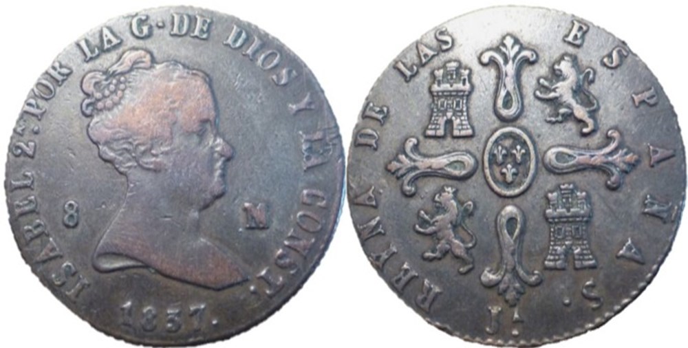 1837 Jubia, 8 Maravedis - Isabel II España monnaies monde espagne 1837 jubia 8 maravedis isabel ii espana