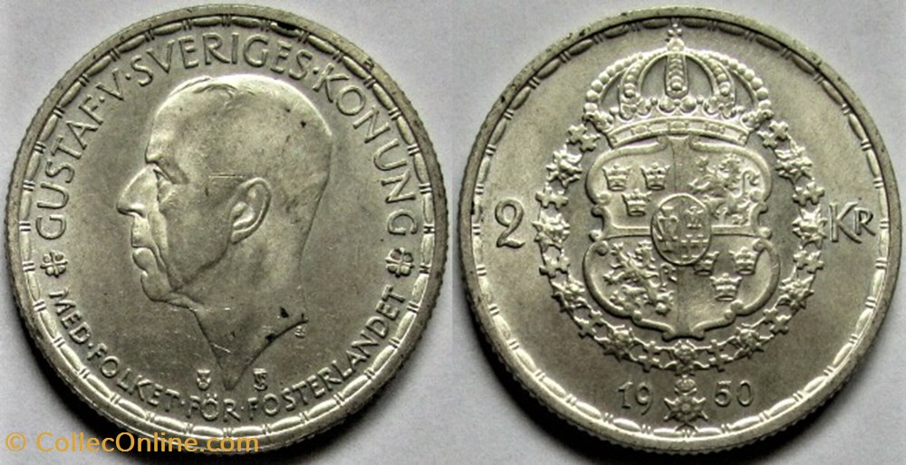Gustaf V of Sweden - 2 Kronor 1950 monnaies monde suede gustaf v of sweden 2 kronor 1950