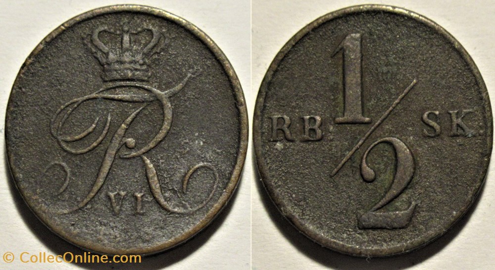 Frederik VI Denmark - ½ Rigsbankskilling 1838 monnaies monde danemark frederik vi denmark rigsbankskilling 1838