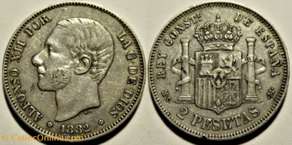 1882 - 2 Pesetas - Alfonso XII de España (ex.2) monnaies monde espagne 1882 2 pesetas alfonso xii de espana ex 2
