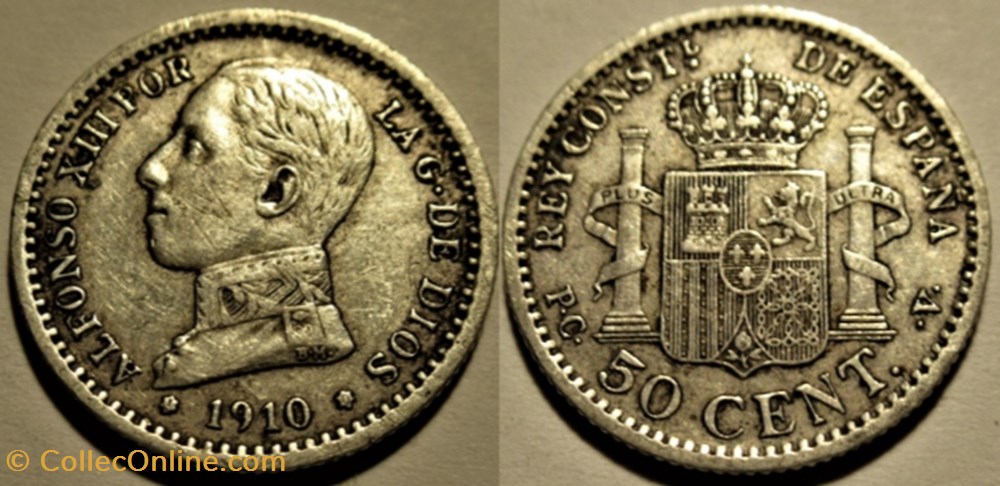 1910 - 50 Centimos - Alfonso XIII de España (ex.2) monnaies monde espagne 1910 50 centimos alfonso xiii de espana ex 2