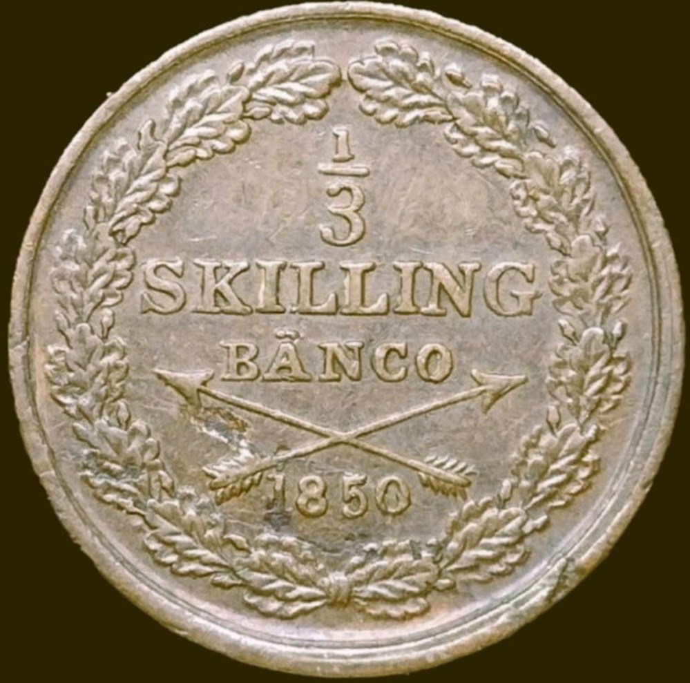 Sweden - Oscar I - 1/3 Skilling Bänco 1850 (Error) monnaies monde suede sweden oscar i 1 3 skilling banco 1850 error