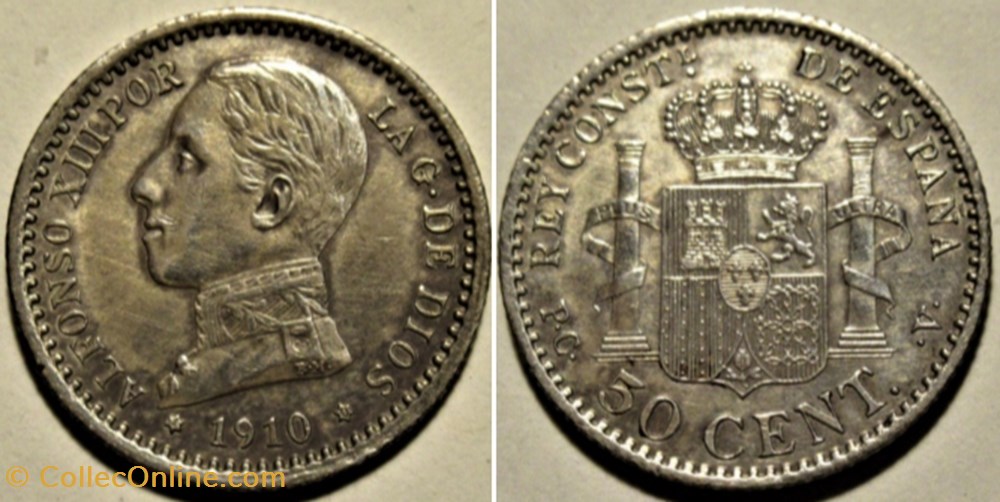 1910 - 50 Centimos - Alfonso XIII de España (ex.3) monnaies monde espagne 1910 50 centimos alfonso xiii de espana ex 3