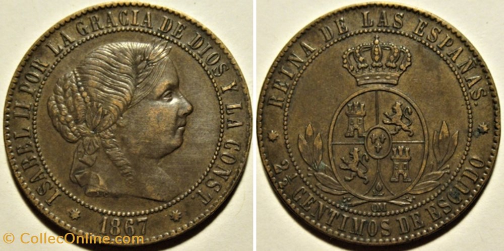1867 Barcelona - 2½ Centimos - Isabel II España monnaies monde espagne 1867 barcelona 2 centimos isabel ii espana