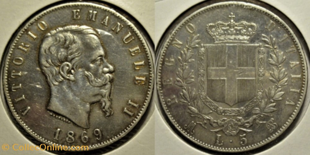 1869 Regno d'Italia - 5 Lire, Milano- Vittorio Emanuele II monnaies monde italie 1869 regno italia 5 lire milano vittorio emanuele ii