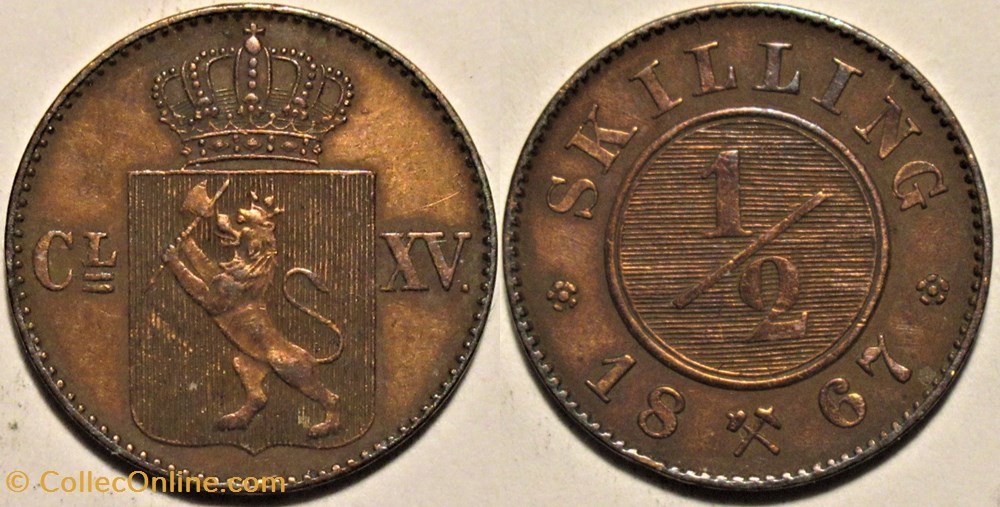 Norway - Carl XV (IV) - 1/2 Skilling 1867 monnaies monde norvege norway carl xv iv 1 2 skilling 1867