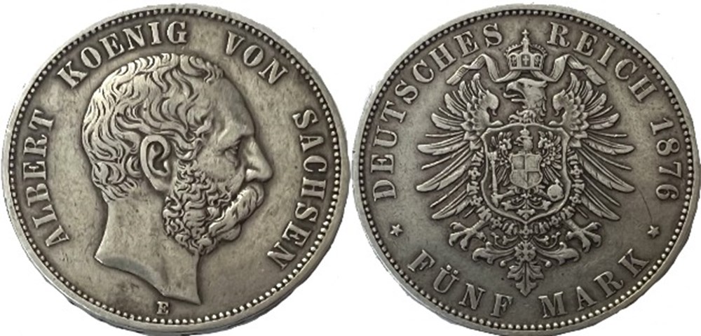 Albert I - 5 Mark 1876, Kingdom of Saxony monnaies europe medievale saint empire romain germanique albert i 5 mark 1876 kingdom of saxony