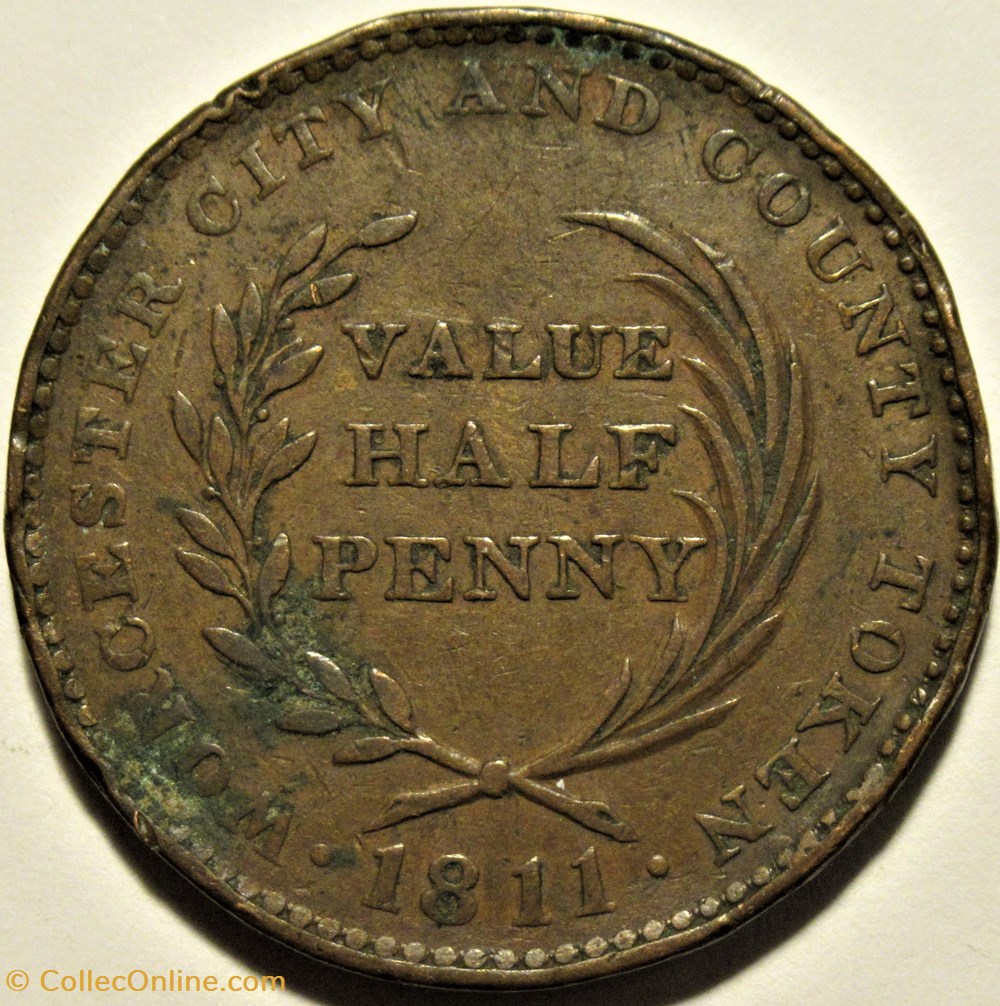 1811 - Half Penny Token - Worcester City & County, England 2 monnaies monde royaume uni 1811 half penny token worcester city county england