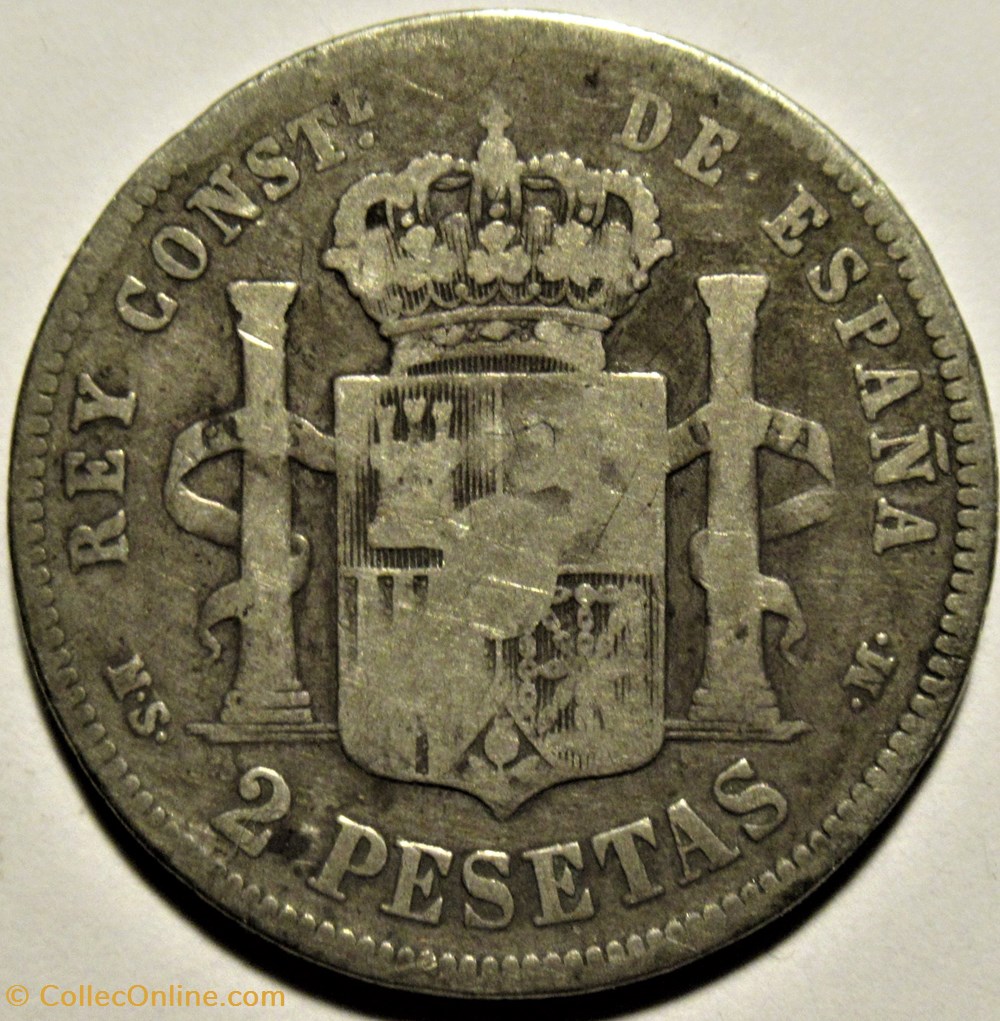 1883 - 2 Pesetas - Alfonso XII de España 3 monnaies monde espagne 1883 2 pesetas alfonso xii de espana