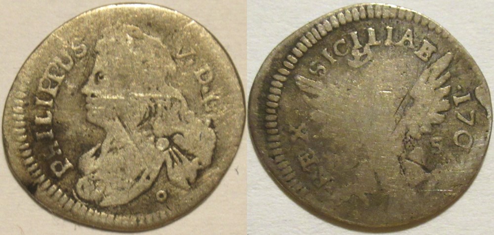 1707 Regno di Sicilia, 1/2 Tari - Filippo V di Borbone monnaies europe medievale royaume de sicile 1707 regno di sicilia 1 2 tari filippo v di borbone