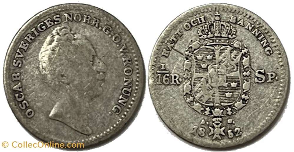 Sweden - Oscar I - 1/16 Riksdaler Specie 1852 monnaies monde suede sweden oscar i 1 16 riksdaler specie 1852