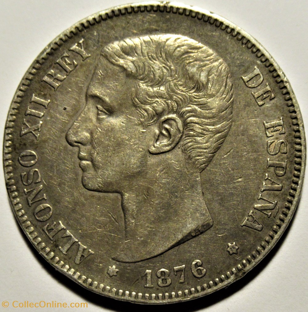 1876 - 5 Pesetas - Alfonso XII de España (ex.2) 2 monnaies monde espagne 1876 5 pesetas alfonso xii de espana ex 2