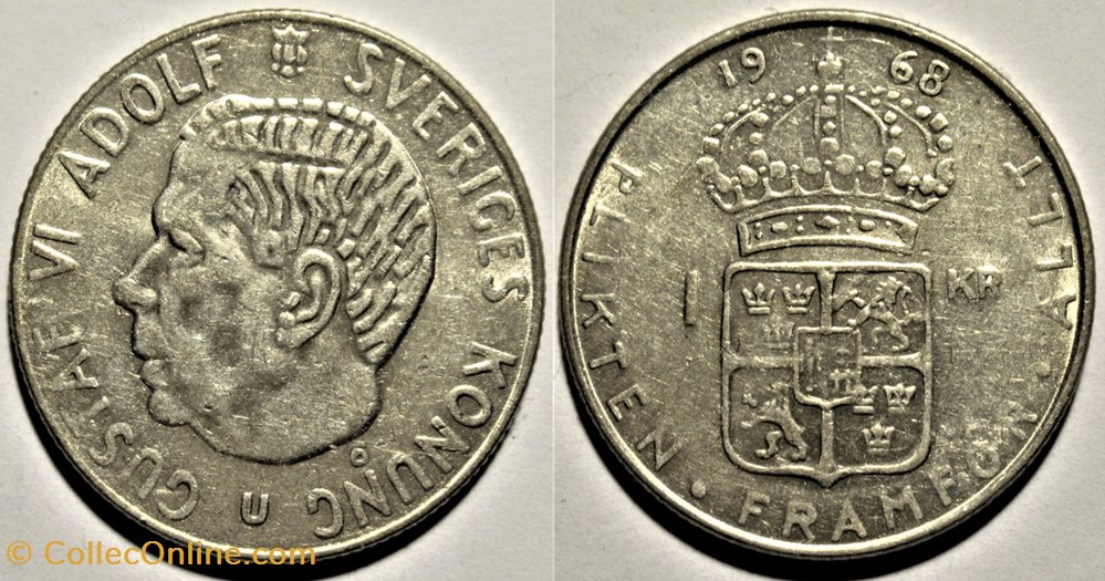 Gustaf VI Adolf of Sweden - 1 Krona 1968 monnaies monde suede gustaf vi adolf of sweden 1 krona 1968