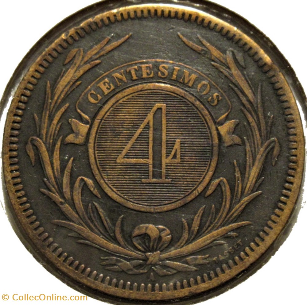 Uruguay - 4 Centésimos 1869 (ex.2) 3 monnaies monde uruguay 4 centesimos 1869 ex 2