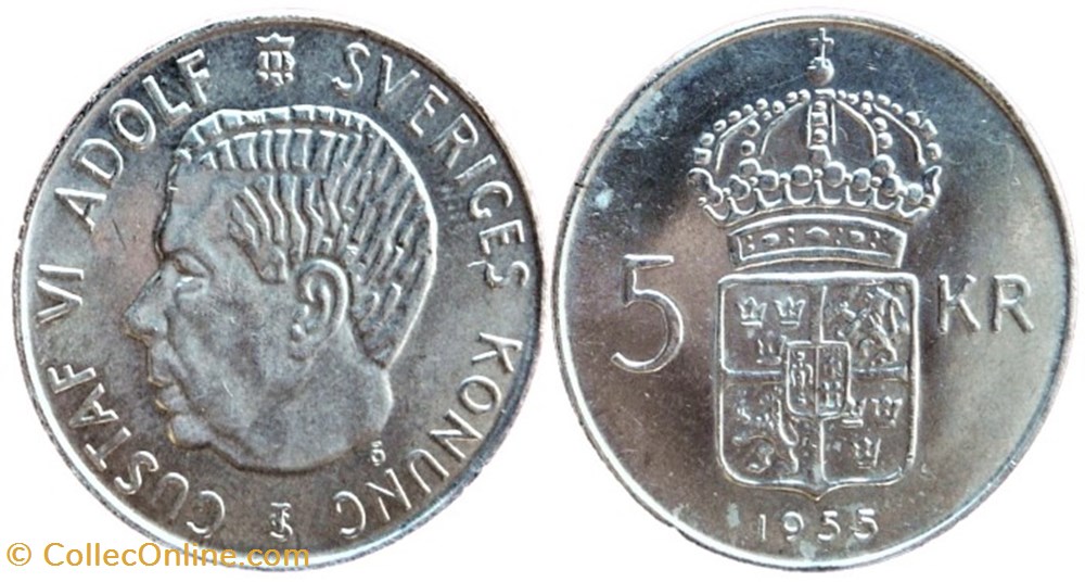 Gustaf VI Adolf of Sweden - 5 Kronor 1955 monnaies monde suede gustaf vi adolf of sweden 5 kronor 1955