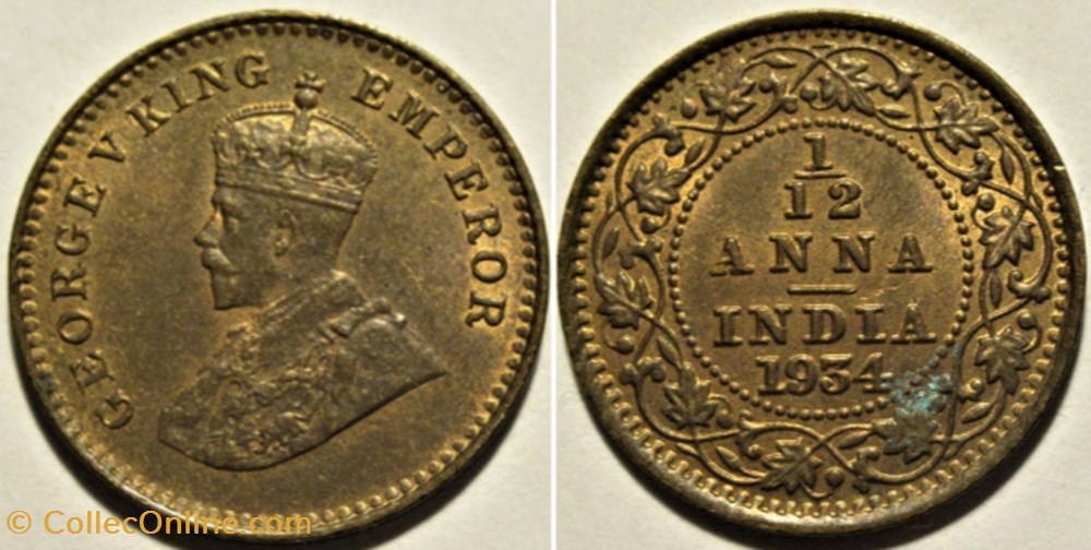 George V - 1/12 Anna 1934 Calcutta - British India Empire monnaies monde inde george v 1 12 anna 1934 calcutta british india empire