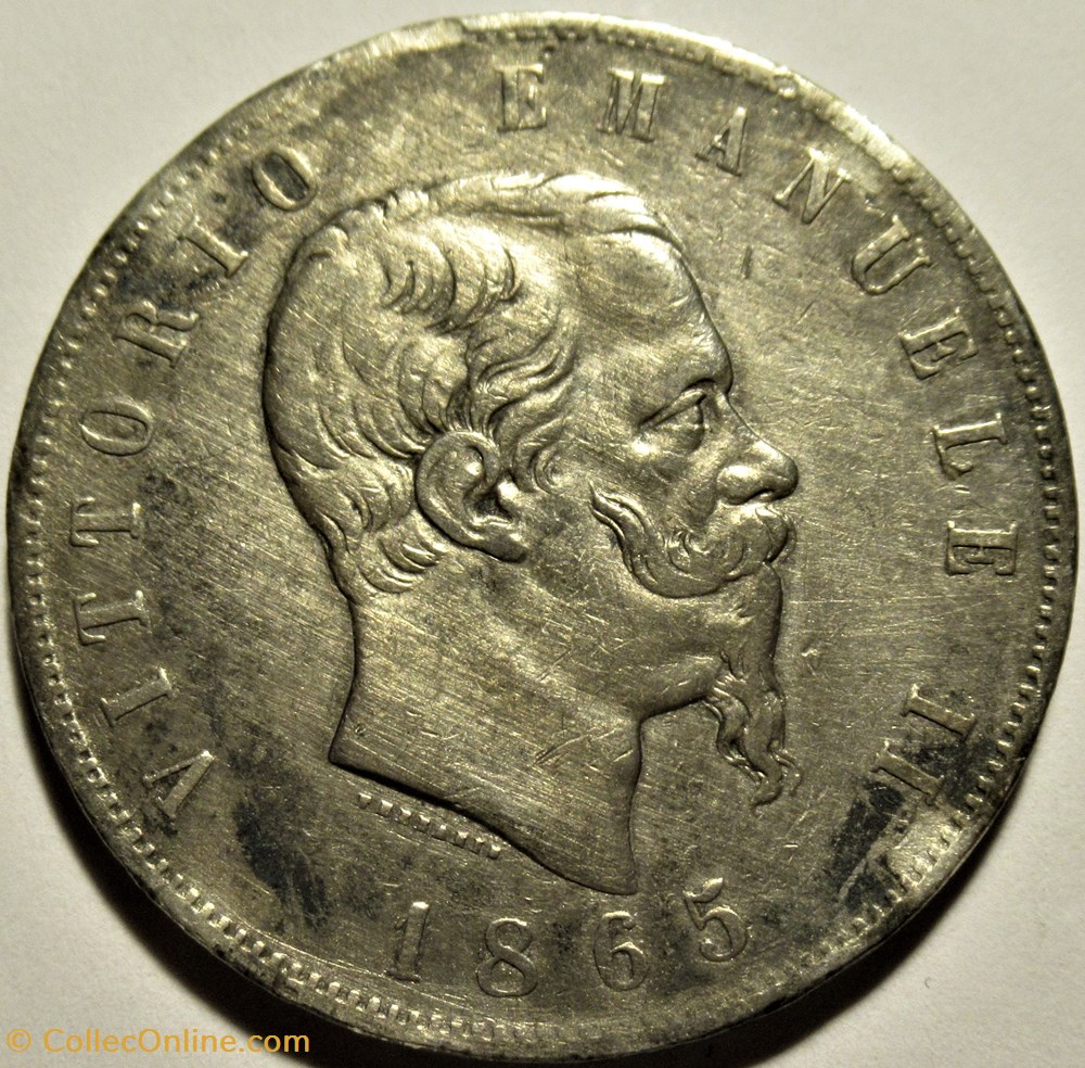 1865 Regno d'Italia, 5 Lire, Torino - Vittorio Emanuele II 2 monnaies monde italie 1865 regno italia 5 lire torino vittorio emanuele ii