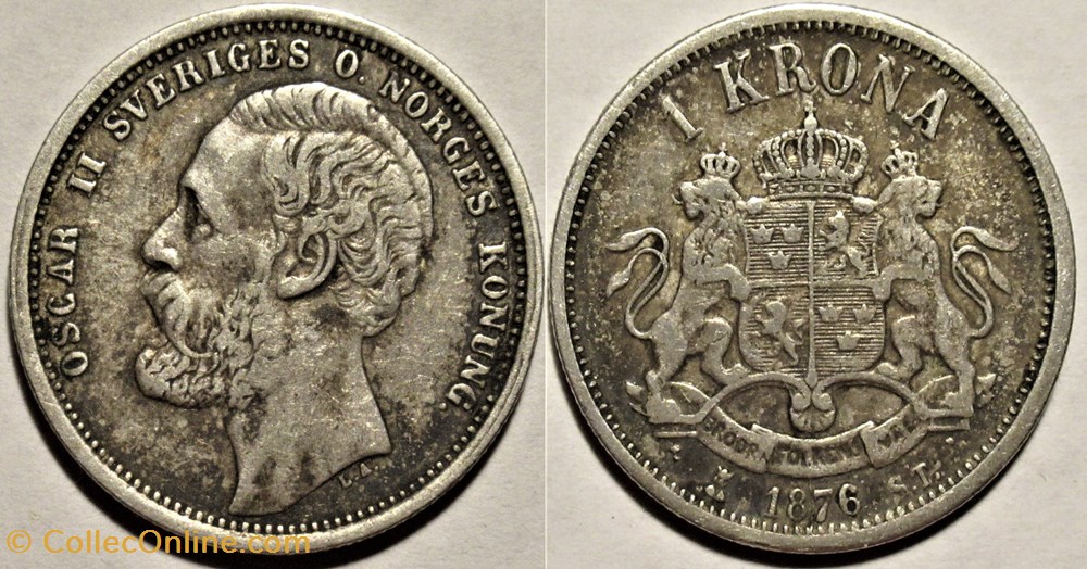 Sweden - Oskar II - 1 Krona 1876/75 Overdate & Die Crack (ex.2) monnaies monde suede sweden oskar ii 1 krona 1876 75 overdate die crack ex 2